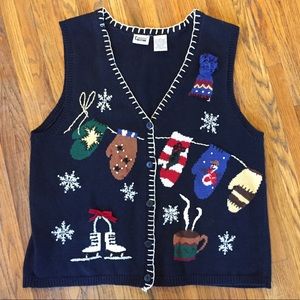 Ugly Christmas sweater vest, mittens, hot cocoa